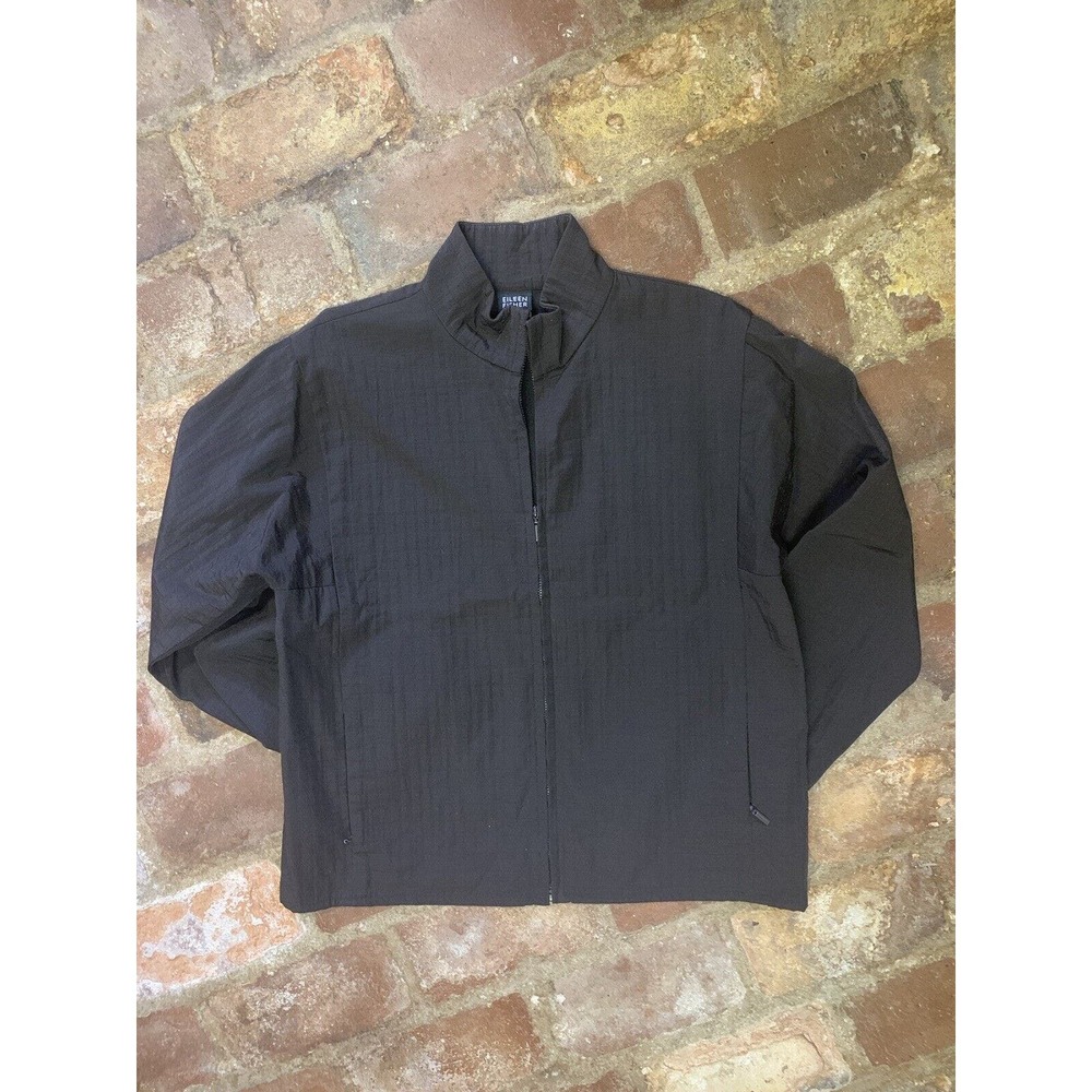 EILEEN FISHER Italian Nylon Zip Front Pockets Jacket Stand Up Collar Dk Brown S